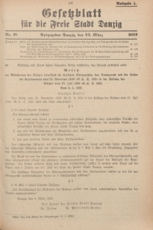 Gesetzblatt für die Freie Stadt Danzig.1932, Nr. 18 (23 März) - Ausgabe A