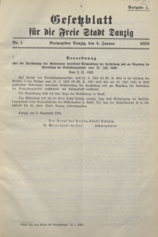 Gesetzblatt für die Freie Stadt Danzig.1933, Nr. 1 (4 Januar) - Ausgabe A