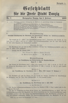 Gesetzblatt für die Freie Stadt Danzig.1933, Nr. 5 (1 Februar) - Ausgabe A