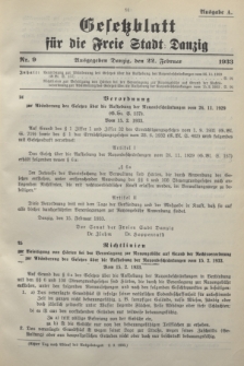 Gesetzblatt für die Freie Stadt Danzig.1933, Nr. 9 (22 Februar) - Ausgabe A