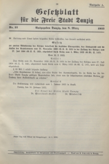 Gesetzblatt für die Freie Stadt Danzig.1933, Nr. 12 (8 März) - Ausgabe A