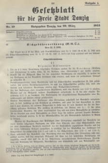 Gesetzblatt für die Freie Stadt Danzig.1933, Nr. 19 (29 März) - Ausgabe A