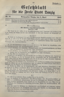 Gesetzblatt für die Freie Stadt Danzig.1933, Nr. 21 (5 April) - Ausgabe A