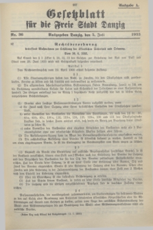 Gesetzblatt für die Freie Stadt Danzig.1933, Nr. 36 (5 Juli) - Ausgabe A