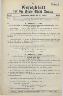 Gesetzblatt für die Freie Stadt Danzig.1933, Nr. 61 (24 August) - Ausgabe A