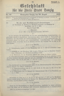 Gesetzblatt für die Freie Stadt Danzig.1933, Nr. 62 (26 August) - Ausgabe A