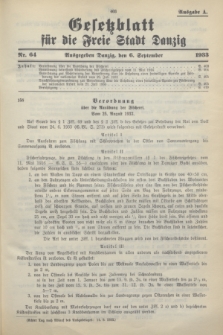 Gesetzblatt für die Freie Stadt Danzig.1933, Nr. 64 (6 September) - Ausgabe A