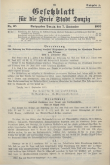 Gesetzblatt für die Freie Stadt Danzig.1933, Nr. 65 (7 September) - Ausgabe A