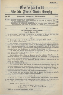 Gesetzblatt für die Freie Stadt Danzig.1933, Nr. 72 (27 September) - Ausgabe A