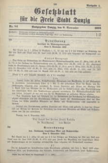 Gesetzblatt für die Freie Stadt Danzig.1933, Nr. 84 (9 November) - Ausgabe A