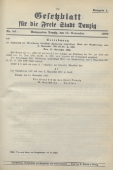 Gesetzblatt für die Freie Stadt Danzig.1933, Nr. 85 (14 November) - Ausgabe A