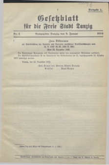 Gesetzblatt für die Freie Stadt Danzig.1934, Nr. 1 (3 Januar) - Ausgabe A