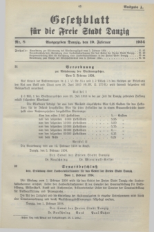 Gesetzblatt für die Freie Stadt Danzig.1934, Nr. 8 (10 Februar) - Ausgabe A