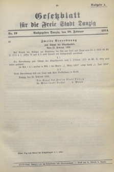 Gesetzblatt für die Freie Stadt Danzig.1934, Nr. 12 (28 Februar) - Ausgabe A