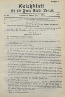 Gesetzblatt für die Freie Stadt Danzig.1934, Nr. 15 (7 März) - Ausgabe A