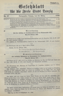 Gesetzblatt für die Freie Stadt Danzig.1934, Nr. 17 (14 März) - Ausgabe A