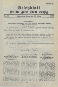 Gesetzblatt für die Freie Stadt Danzig.1934, Nr. 22 (26 März) - Ausgabe A