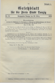 Gesetzblatt für die Freie Stadt Danzig.1934, Nr. 24 (29 März) - Ausgabe A