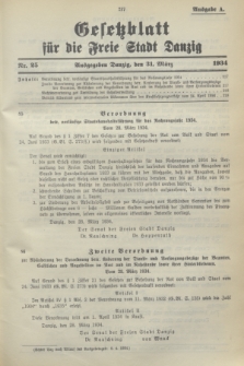 Gesetzblatt für die Freie Stadt Danzig.1934, Nr. 25 (31 März) - Ausgabe A