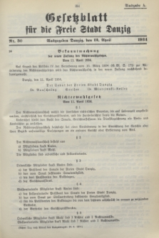 Gesetzblatt für die Freie Stadt Danzig.1934, Nr. 30 (12 April) - Ausgabe A