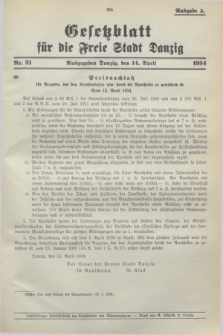 Gesetzblatt für die Freie Stadt Danzig.1934, Nr. 31 (14 April) - Ausgabe A