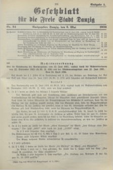 Gesetzblatt für die Freie Stadt Danzig.1934, Nr. 34 (2 Mai) - Ausgabe A