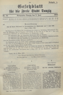 Gesetzblatt für die Freie Stadt Danzig.1934, Nr. 41 (2 Juni) - Ausgabe A