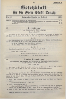Gesetzblatt für die Freie Stadt Danzig.1934, Nr. 43 (9 Juni) - Ausgabe A