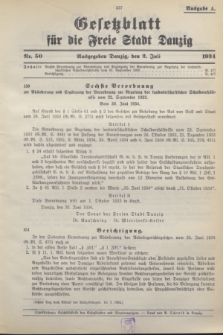 Gesetzblatt für die Freie Stadt Danzig.1934, Nr. 50 (2 Juli) - Ausgabe A