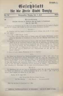 Gesetzblatt für die Freie Stadt Danzig.1934, Nr. 51 (4 Juli) - Ausgabe A