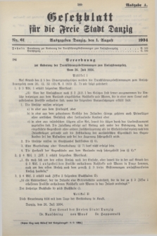 Gesetzblatt für die Freie Stadt Danzig.1934, Nr. 61 (1 August) - Ausgabe A