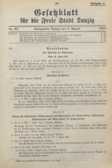 Gesetzblatt für die Freie Stadt Danzig.1934, Nr. 63 (4 August) - Ausgabe A