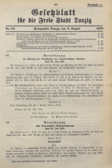 Gesetzblatt für die Freie Stadt Danzig.1934, Nr. 64 (8 August) - Ausgabe A