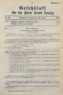 Gesetzblatt für die Freie Stadt Danzig.1934, Nr. 65 (10 August) - Ausgabe A