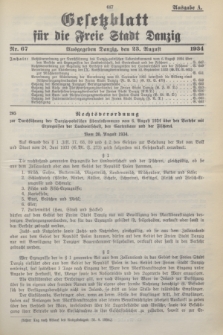 Gesetzblatt für die Freie Stadt Danzig.1934, Nr. 67 (23 August) - Ausgabe A