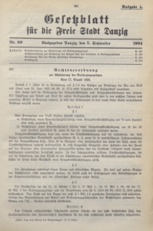 Gesetzblatt für die Freie Stadt Danzig.1934, Nr. 69 (5 September) - Ausgabe A