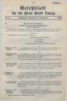 Gesetzblatt für die Freie Stadt Danzig.1934, Nr. 70 (7 September) - Ausgabe A