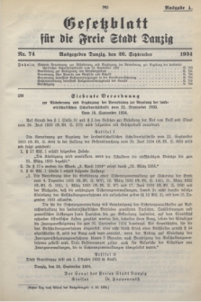 Gesetzblatt für die Freie Stadt Danzig.1934, Nr. 74 (26 September) - Ausgabe A