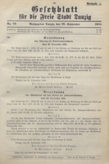 Gesetzblatt für die Freie Stadt Danzig.1934, Nr. 76 (29 September) - Ausgabe A