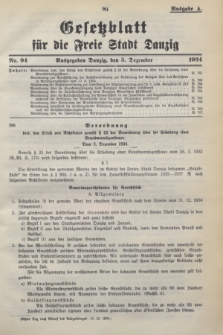 Gesetzblatt für die Freie Stadt Danzig.1934, Nr. 94 (5 Dezember) - Ausgabe A