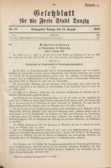 Gesetzblatt für die Freie Stadt Danzig.1935, Nr. 84 (13 August) - Ausgabe A