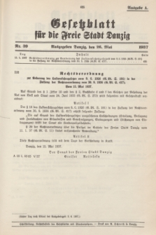 Gesetzblatt für die Freie Stadt Danzig.1937, Nr. 39 (26 Mai) - Ausgabe A
