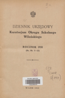 Dziennik Urzędowy Kuratorjum Okręgu Szkolnego Wileńskiego. R.8, Alfabetyczny spis rzeczy (1931)