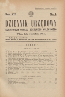 Dziennik Urzędowy Kuratorjum Okręgu Szkolnego Wileńskiego. R.8, nr 4 (1 kwietnia 1931)
