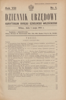 Dziennik Urzędowy Kuratorjum Okręgu Szkolnego Wileńskiego. R.8, nr 5 (1 maja 1931)