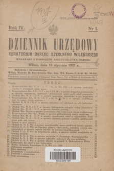 Dziennik Urzędowy Kuratorjum Okręgu Szkolnego Wileńskiego. R.4, nr 1 (10 stycznia 1927)