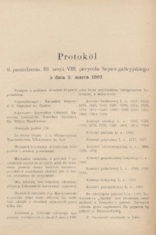 [Kadencja VIII, sesja III, pos. 9] Protokoły z III. sesji VIII. peryodu Sejmu Krajowego Królestwa Galicyi i Lodomeryi wraz z Wielkiem Księstwem Krakowskiem w roku 1907. Tom I. Protokół 9