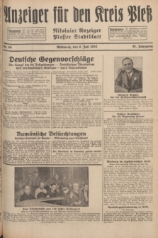 Anzeiger für den Kreis Pleß : Nikolaier Anzeiger : Plesser Stadtblatt. Jg.81, Nr. 80 (6 Juli 1932)