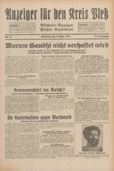Anzeiger für den Kreis Pleß : Nikolaier Anzeiger : Plesser Stadtblatt. Jg.79, Nr. 43 (9 April 1930)
