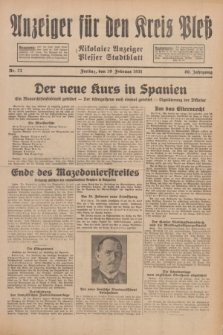 Anzeiger für den Kreis Pleß : Nikolaier Anzeiger : Plesser Stadtblatt. Jg.80, Nr. 22 (20 Februar 1931)